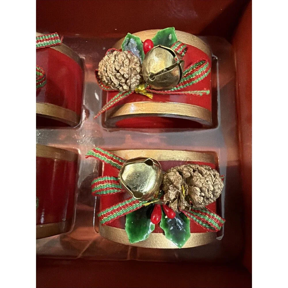 Vtg Lenox Christmas Napkin Rings Winter Greetings Set Of 4 Red & Gold Classic
